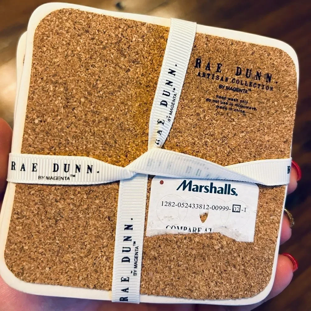 Rae Dunn Drink Coaster Set of 4 REST/PLACE/SET / HOLD White NEW with tags